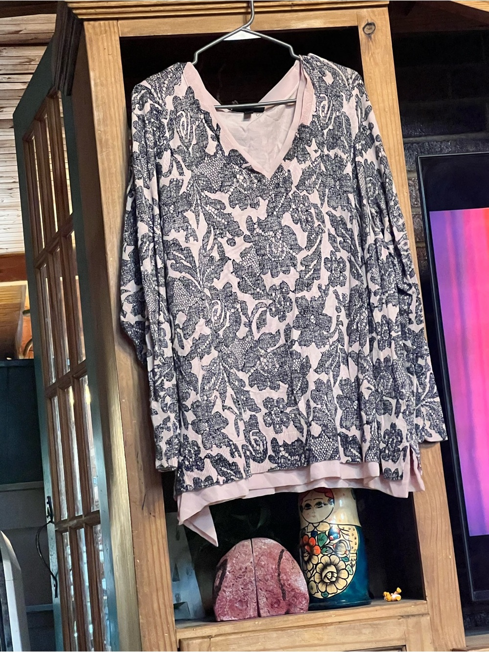 Lane Bryant Pink and Black Floral V-Neck Long Sleeve Tunic